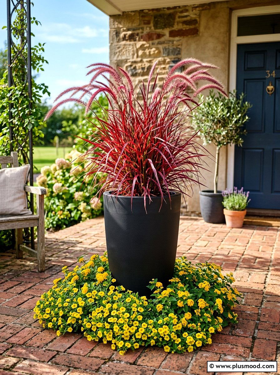 Red fountain grass pot - 25 summer to fall front porch planter ideas