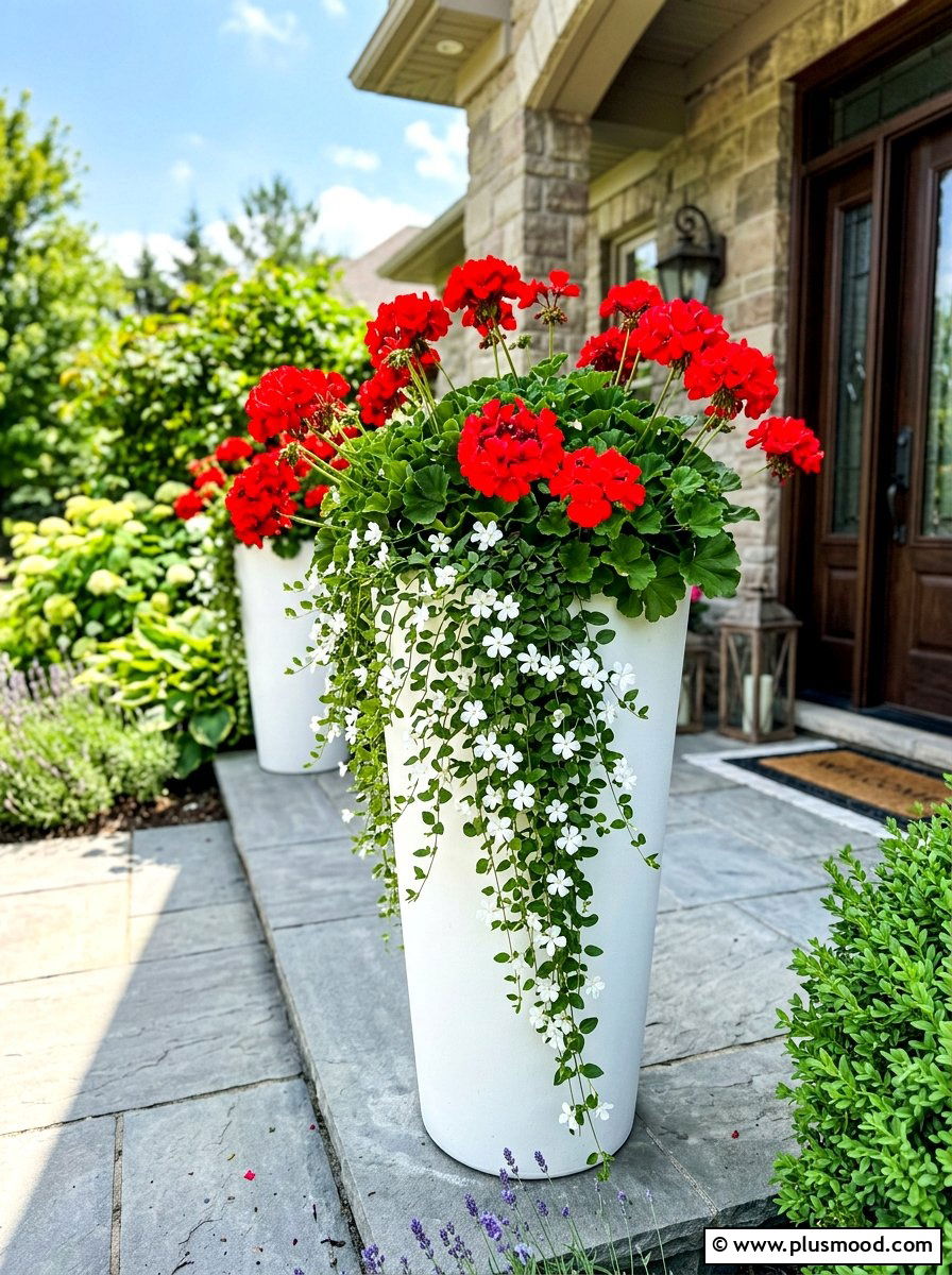 Red geranium summer planter - 25 beautiful summer planter ideas