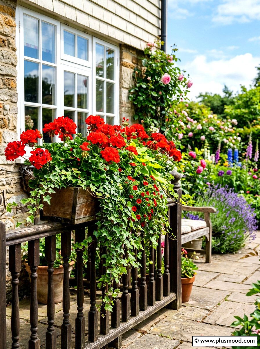 Red geranium window box - 25 summer front porch planter ideas