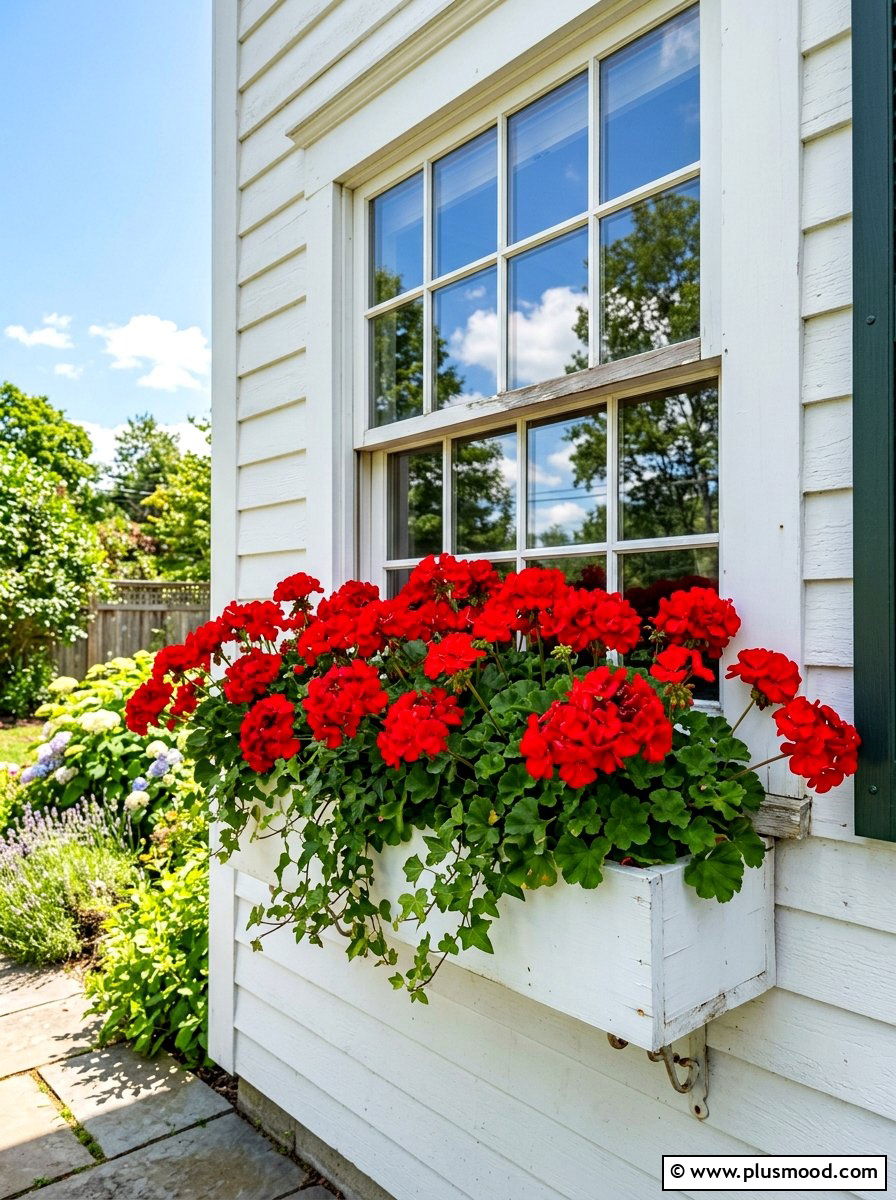 Red geranium window box - 25 summer monochrome planter ideas