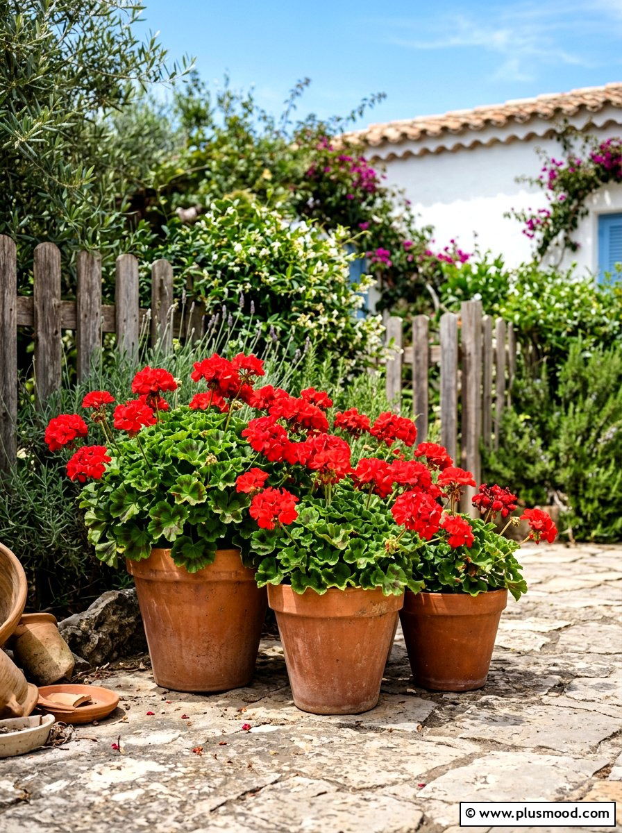 Red geraniums in terracotta pots - 25 summer planters with geraniums ideas