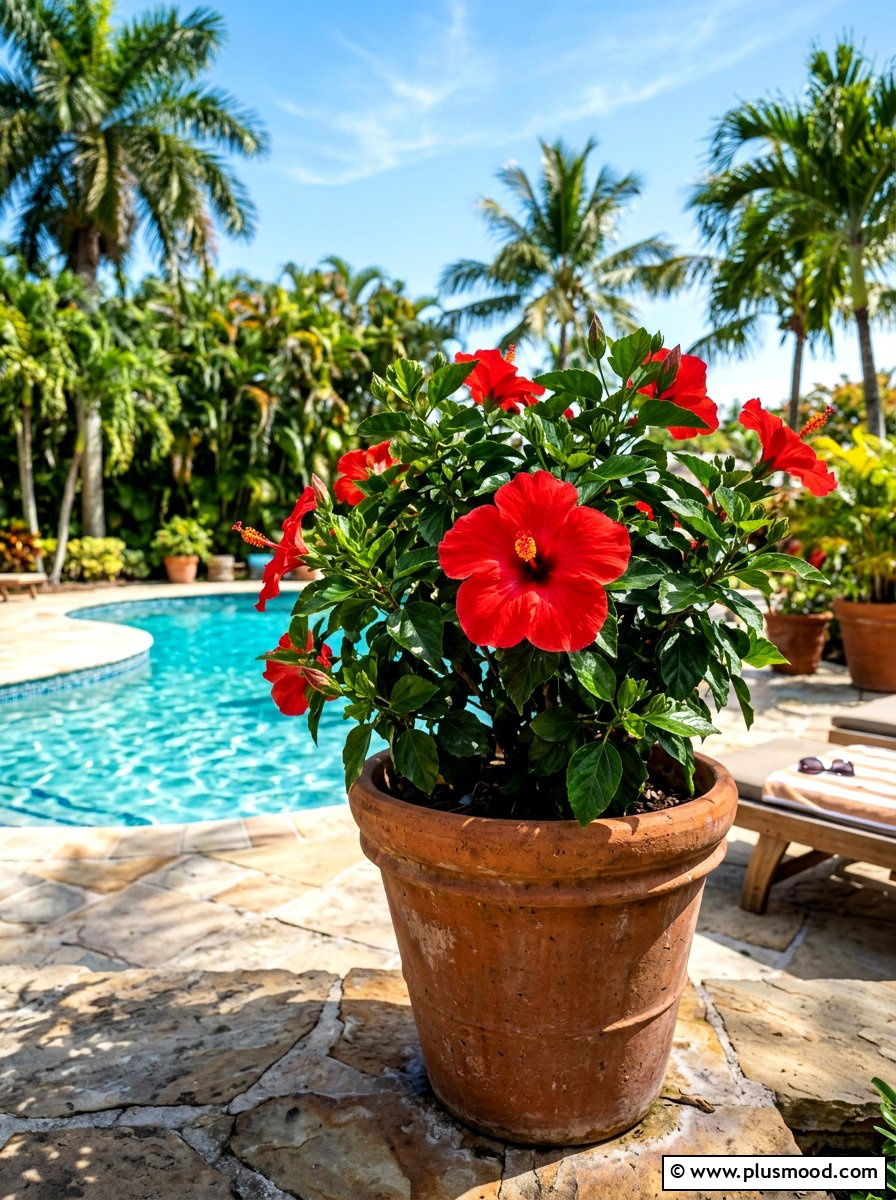 Red hibiscus tropical planter - 25 summer monochrome planter ideas