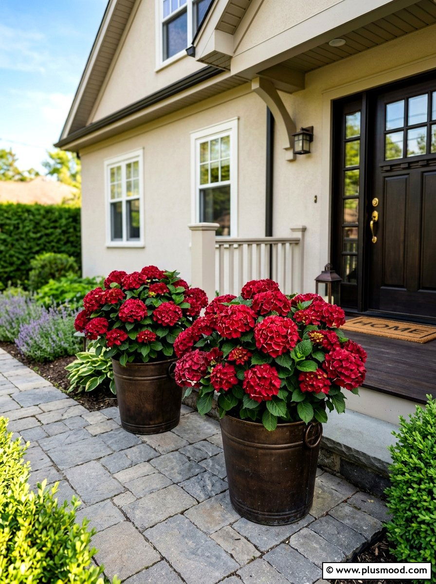 Red hydrangea front porch pots