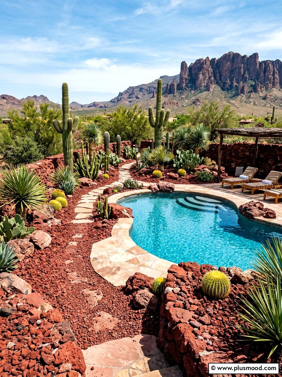 Red lava rock - 25 pool landscaping ideas for desert climates
