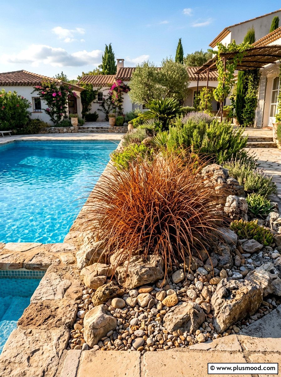 Red rooster sedge color contrast - 25 pool landscaping ideas with ornamental grasses