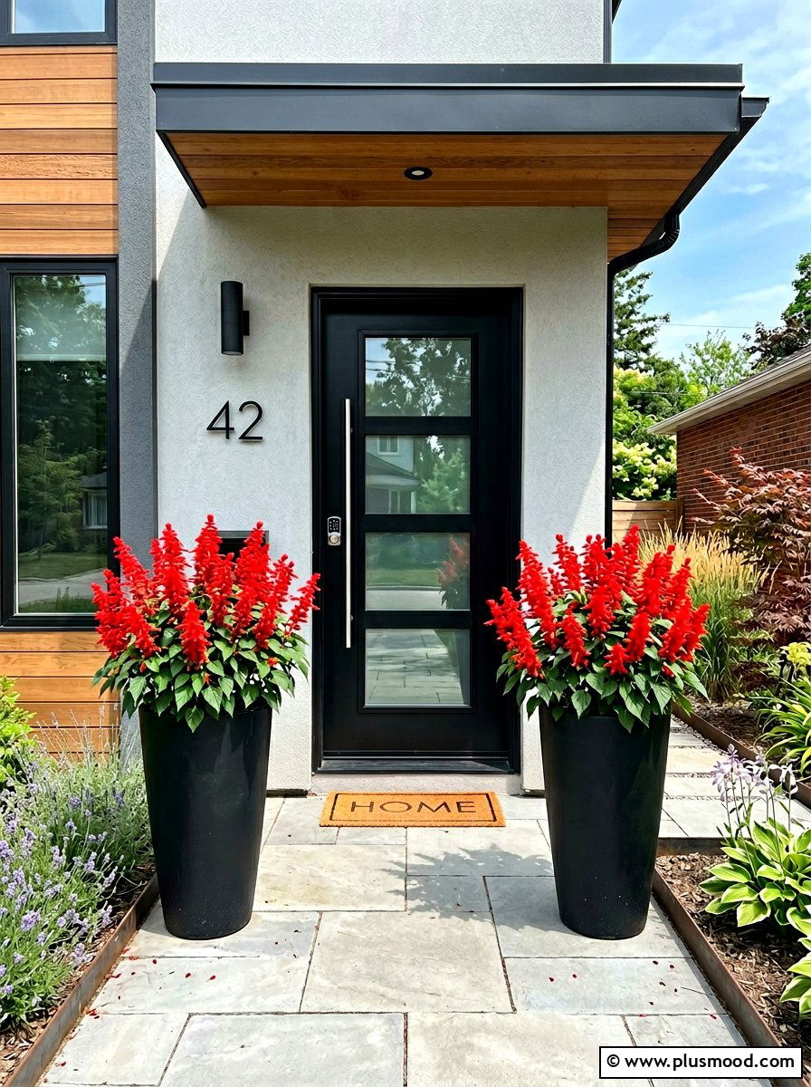 Red salvia entryway planter - 25 summer monochrome planter ideas