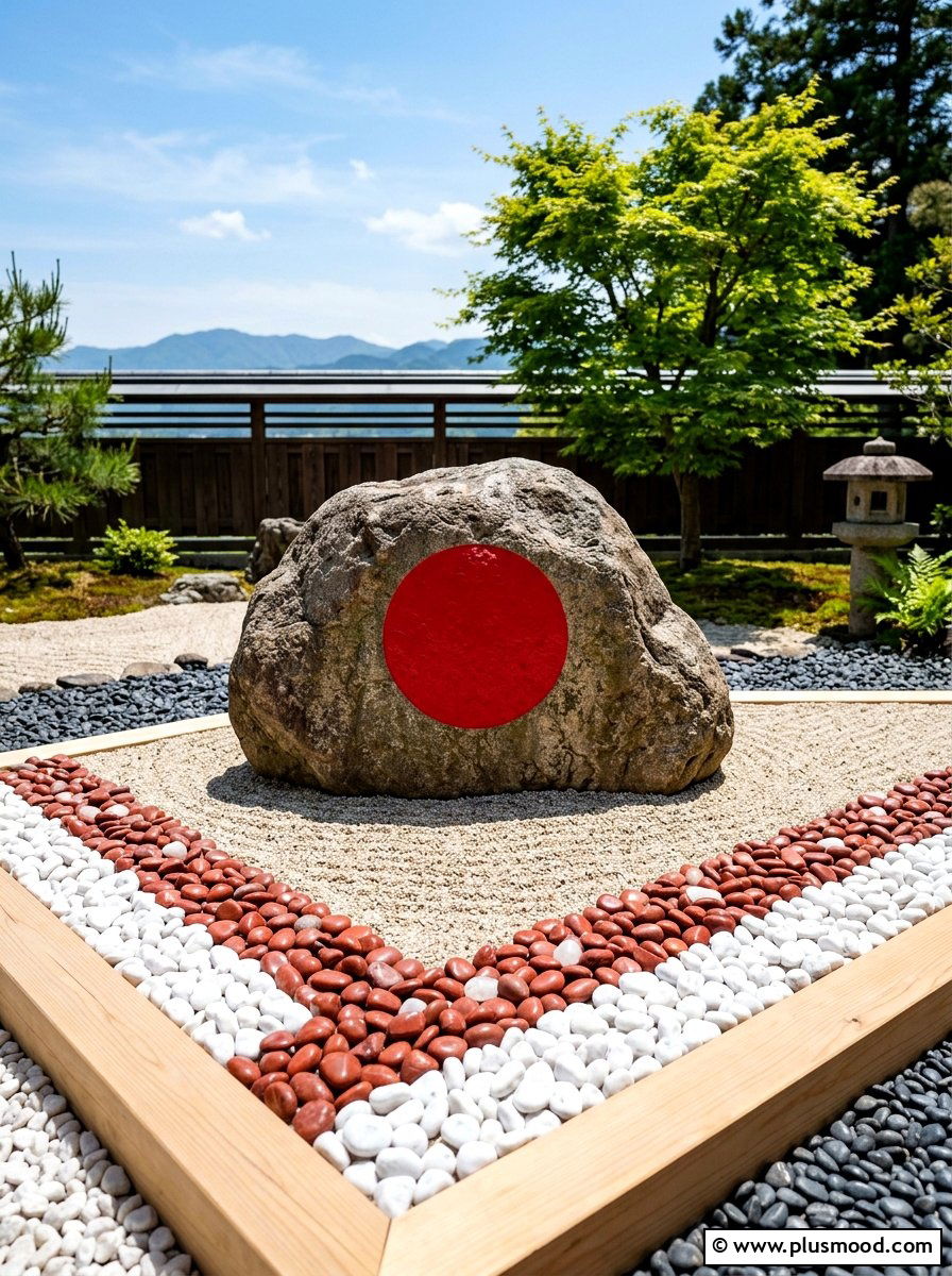 Red sun flag rock - 25 painted rock ideas for Japanese garden