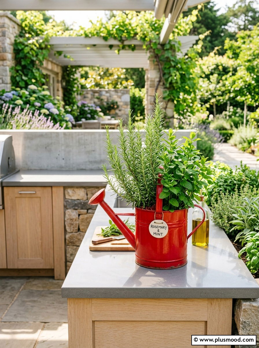 Red watering can herb garden - 25 outdoor garden decor ideas with watering cans