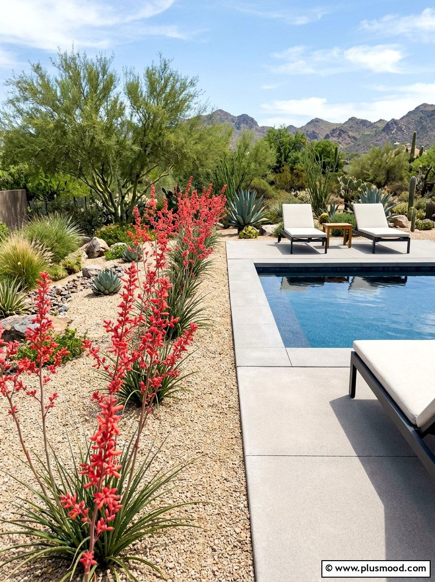 Red yucca modern pool garden - 25 pool landscaping ideas with native plants