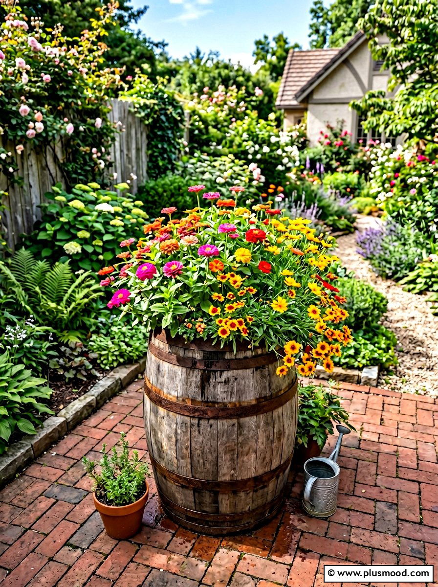 Repurposed Barrel Garden - 25 small backyard ideas with butterfly garden