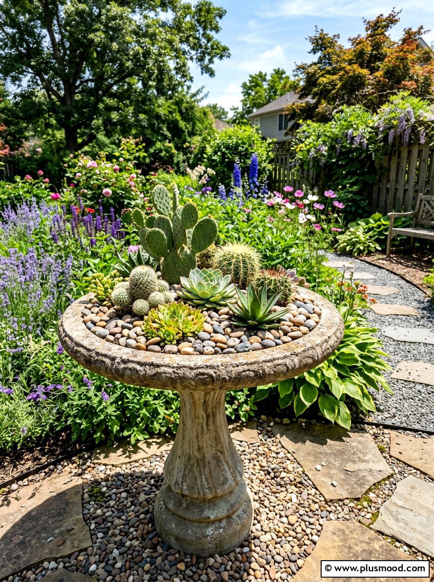 Repurposed Birdbath Cactus Garden - 25 summer cactus planter ideas