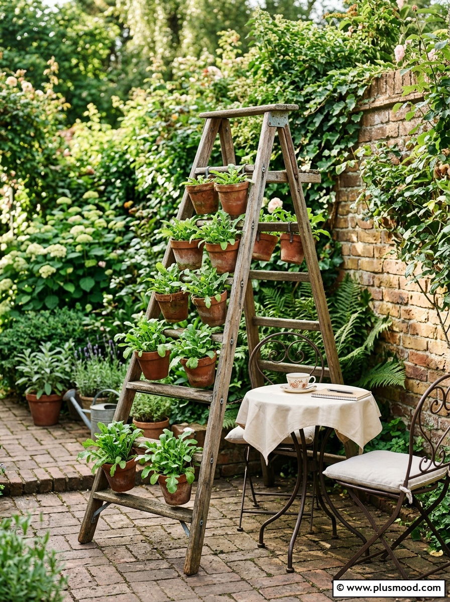 Repurposed Ladder For Potted Greens - 25 outdoor garden decor ideas with vegetable display