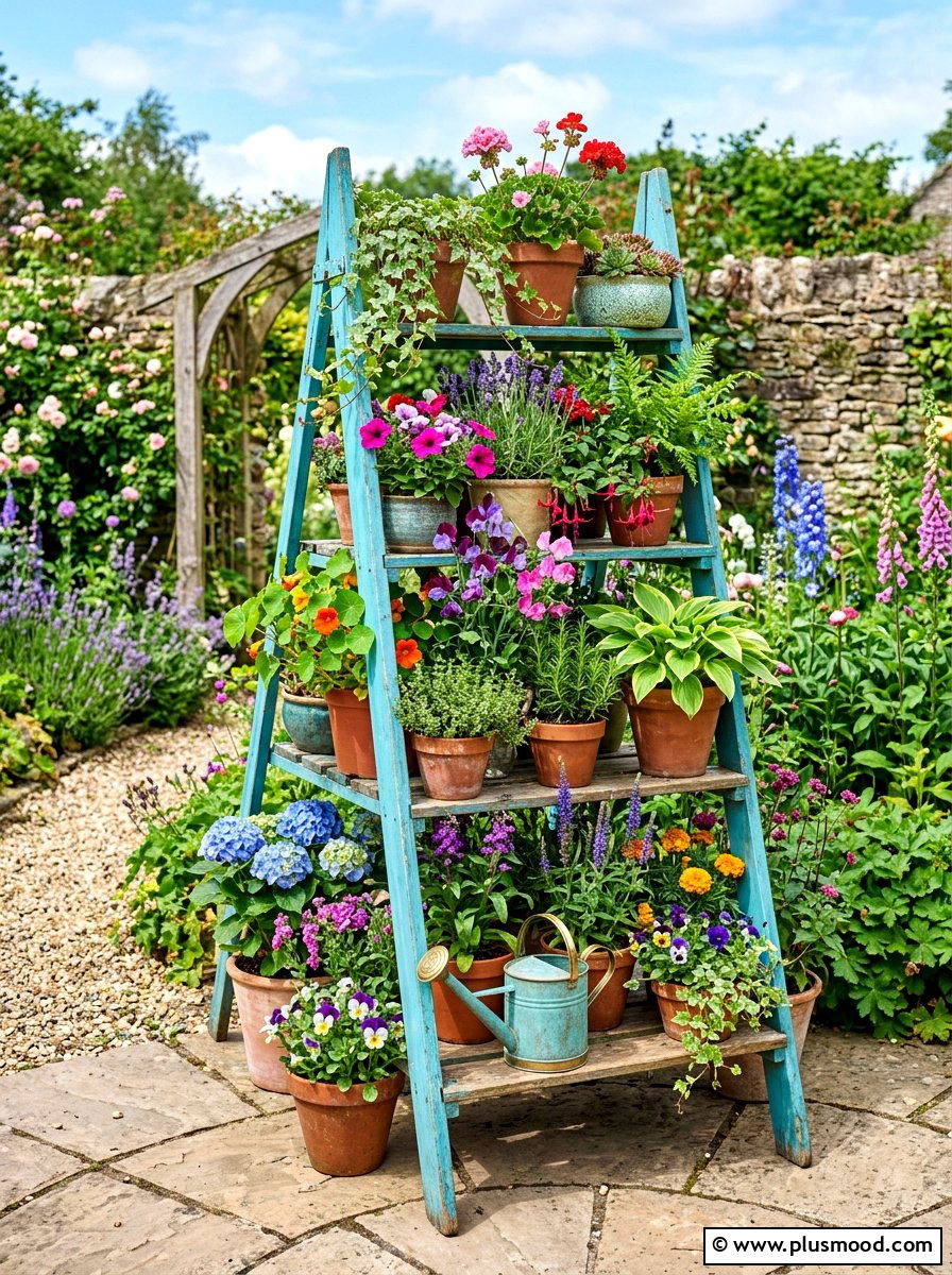 Repurposed Ladder Plant Stand - 25 cheap summer porch ideas