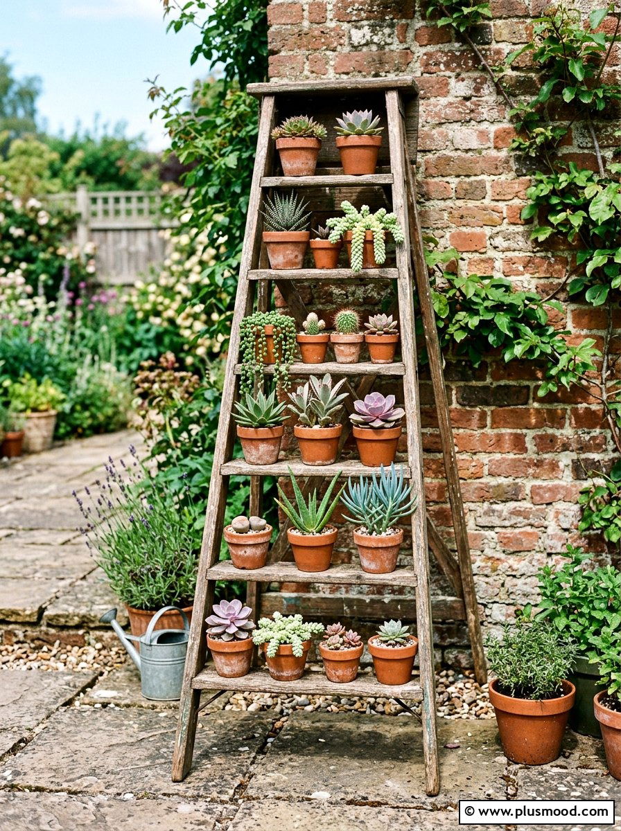 Repurposed Ladder Shelf - 25 summer garden ideas on a budget