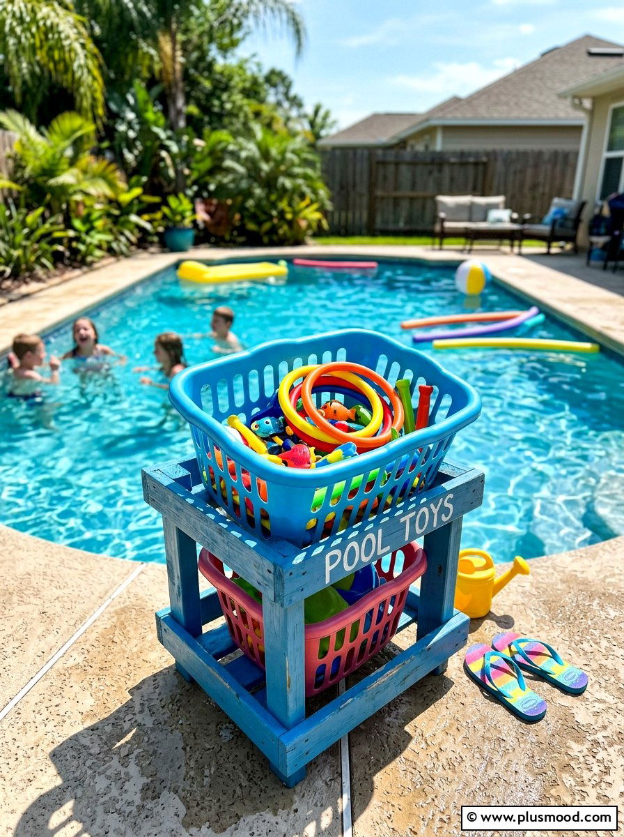Repurposed Laundry Basket - 25 summer pool float storage ideas