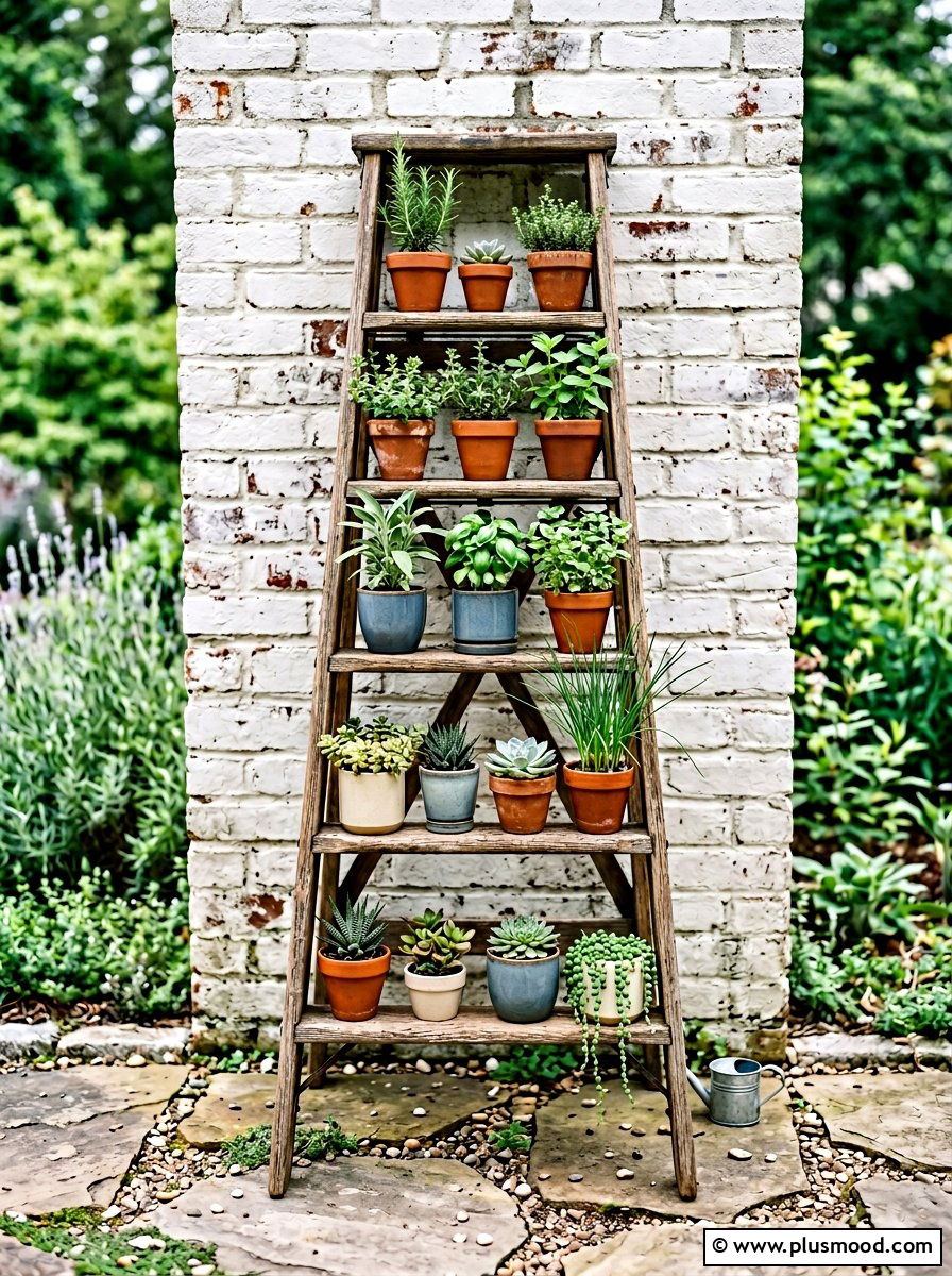 Repurposed ladder plant stand - 25 small backyard ideas with container garden