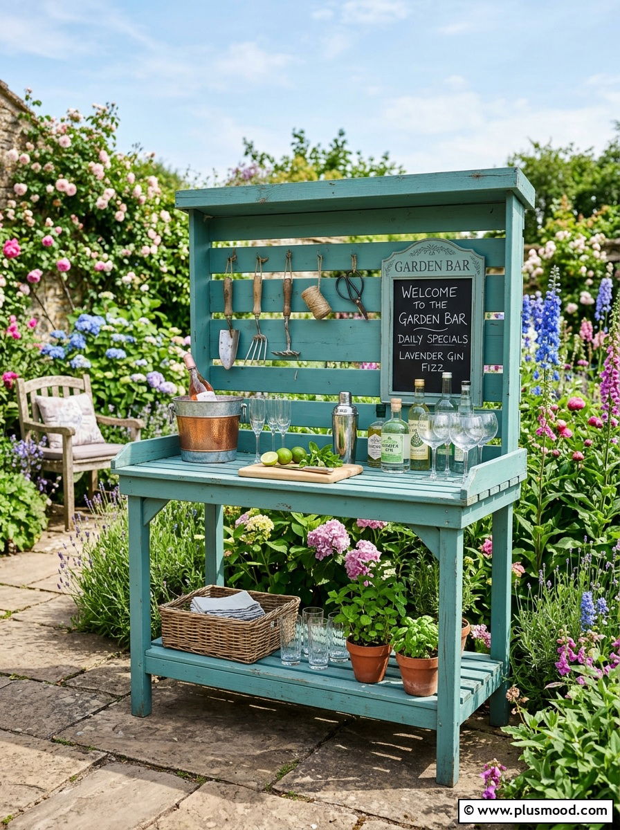 Repurposed potting bench bar - 25 small backyard ideas with outdoor bar