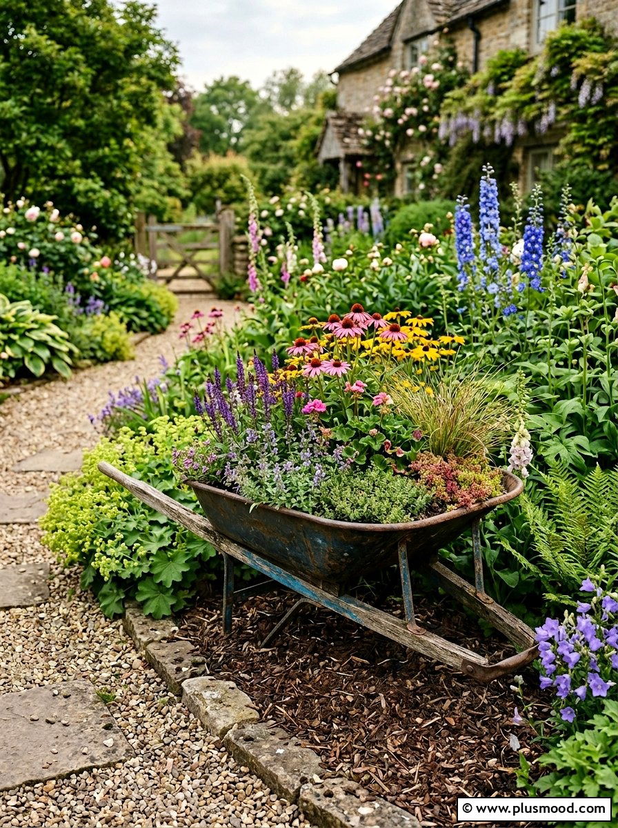 Repurposed wheelbarrow flower bed - 25 outdoor garden decor ideas with wheelbarrow planter