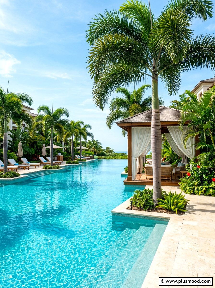 Resort style pool with foxtail palms - 25 summer pool landscaping ideas with palms