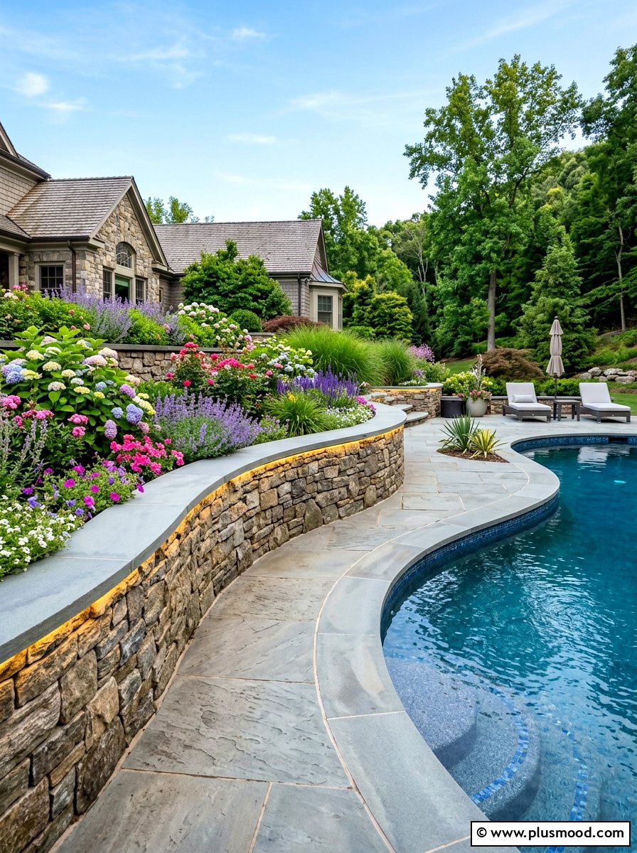 Retaining wall pool landscape - 25 pool landscaping ideas with curved edges