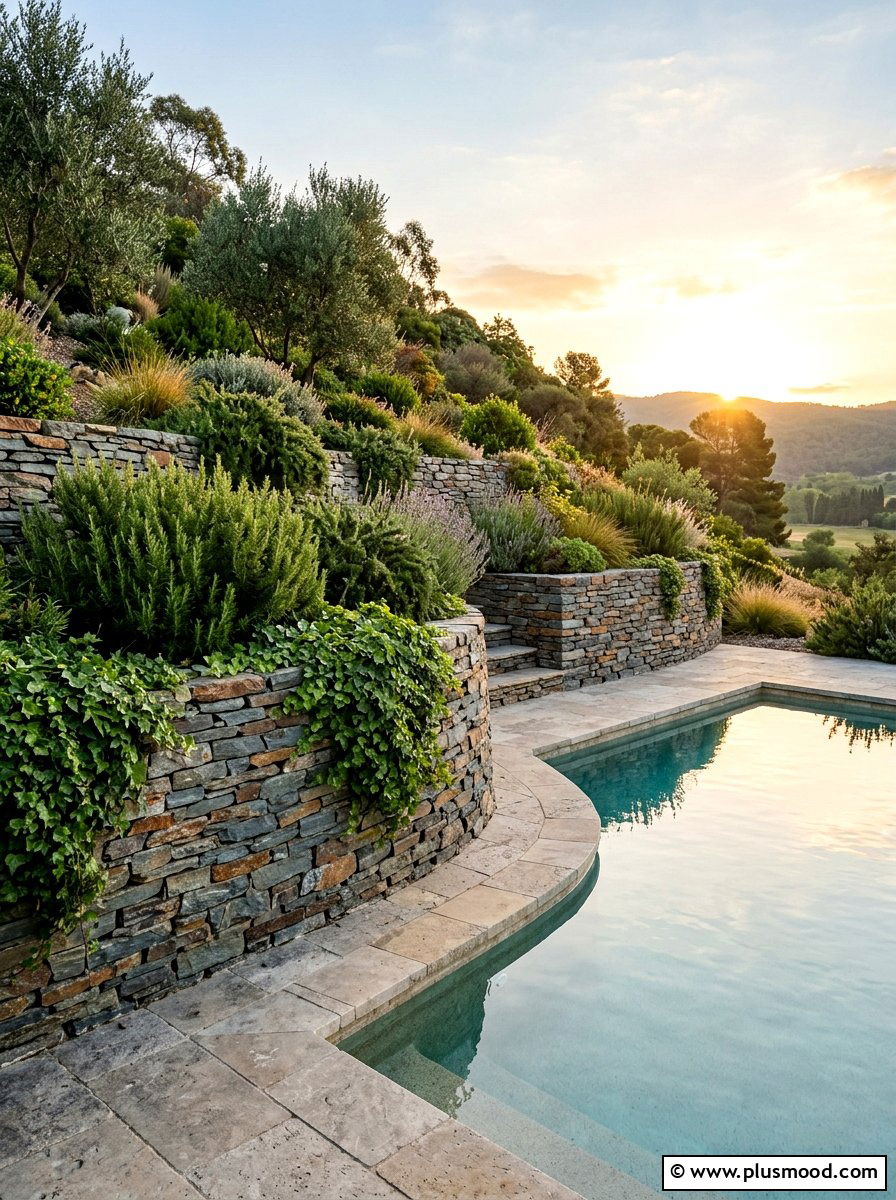 Retaining wall with pool planters - 25 pool landscaping ideas for corner pools
