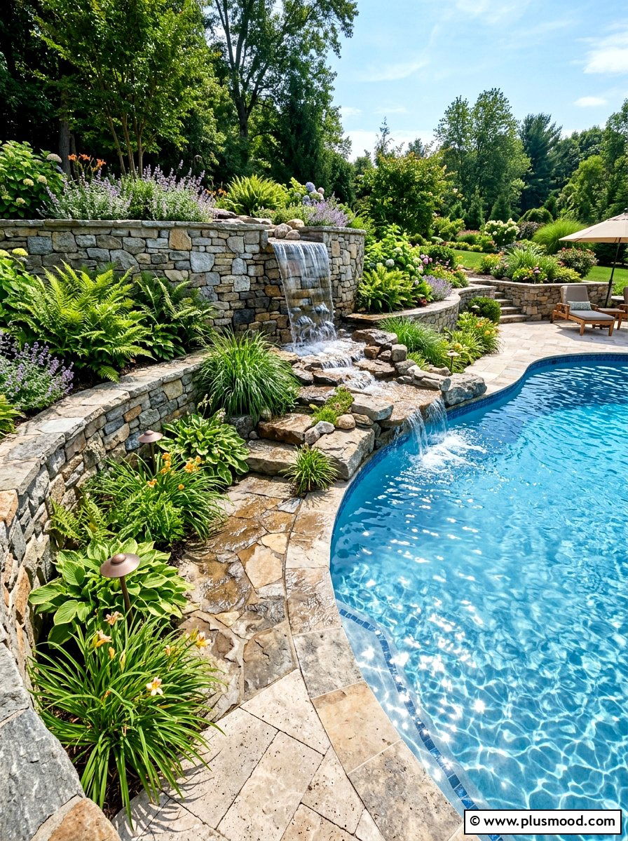 Retaining wall with pool waterfall - 25 pool landscaping ideas for inground pools
