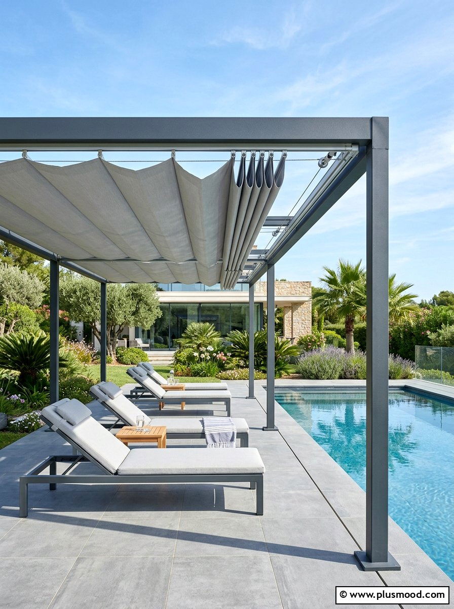 Retractable pergola canopy - 25 pool landscaping ideas with pergola shade