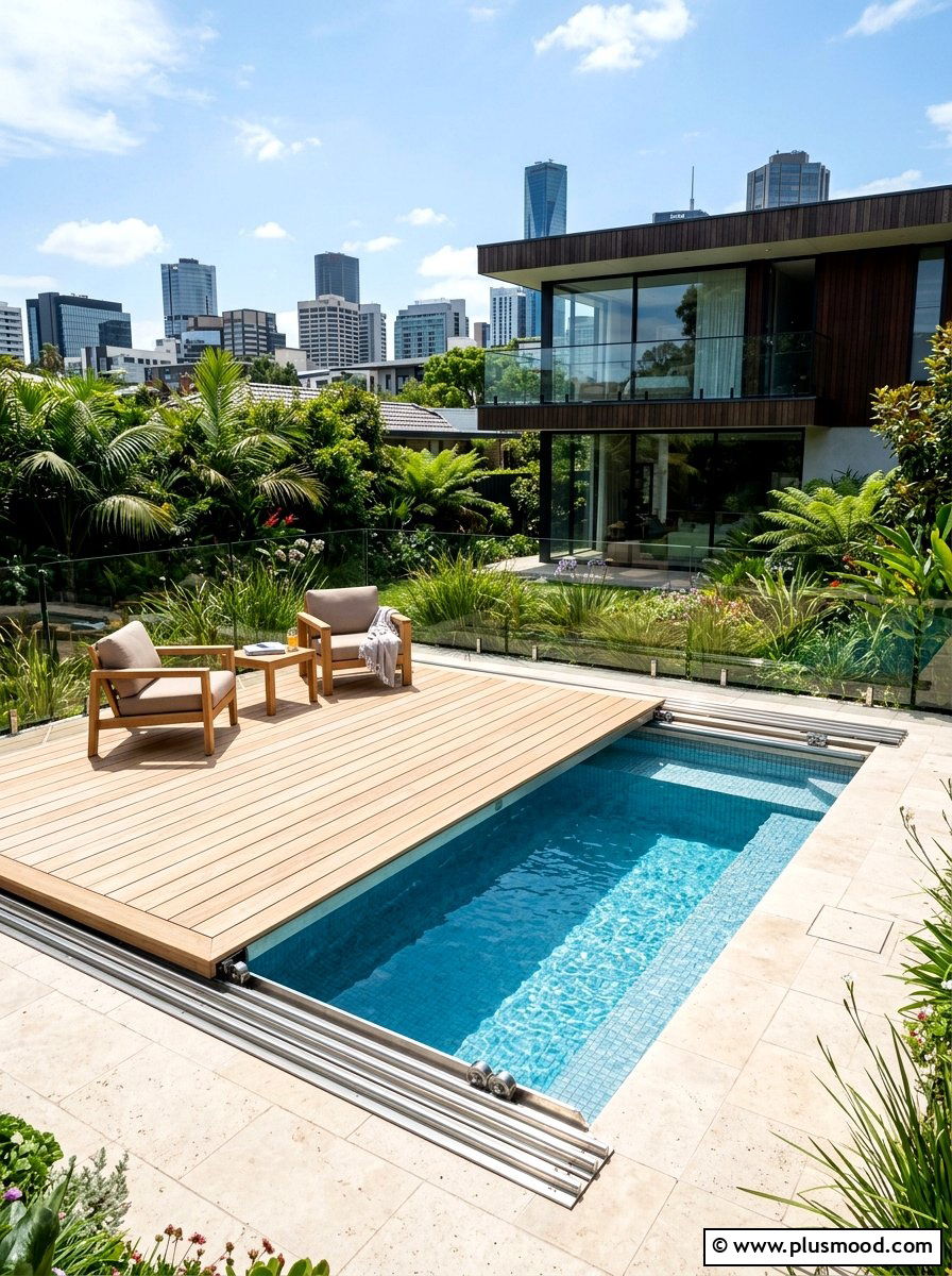 Retractable pool cover deck - 25 pool landscaping ideas for urban backyards