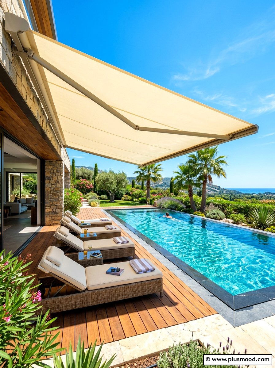 Retractable pool side canopy - 25 summer pool privacy ideas