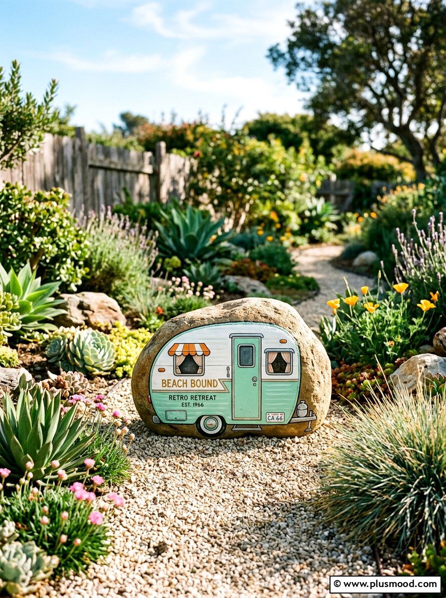 Retro Beach Camper - 25 painted rock ideas with beach theme