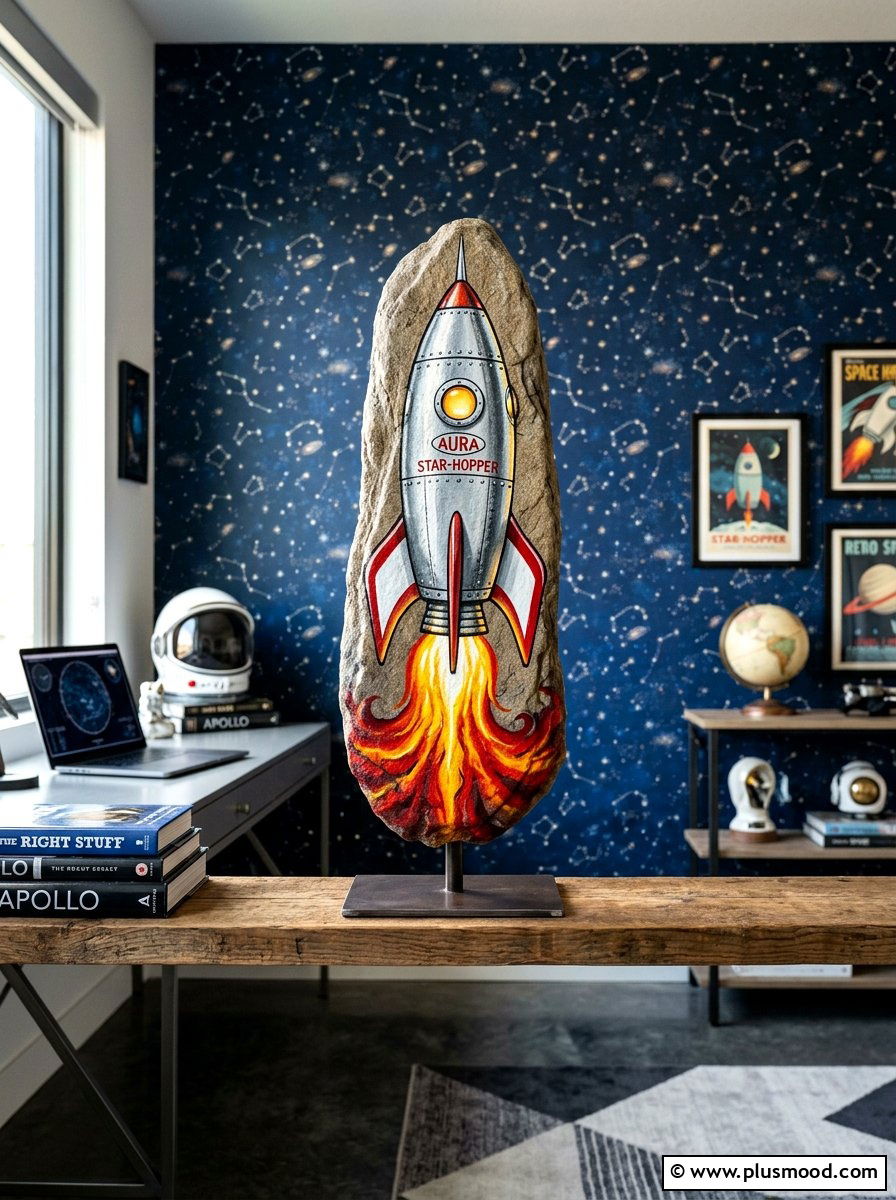 Retro Rocket Ship Outer Space Stone - 25 painted rock ideas for kids birthday gifts