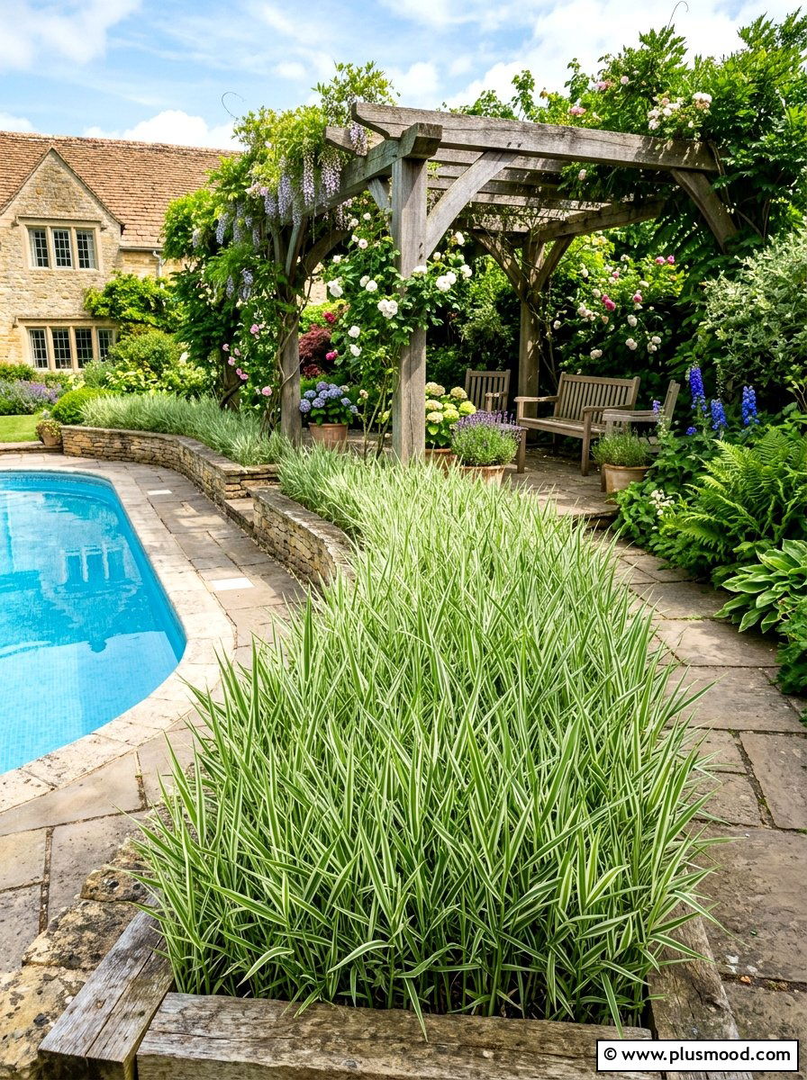Ribbon grass for pool beds - 25 pool landscaping ideas with ornamental grasses