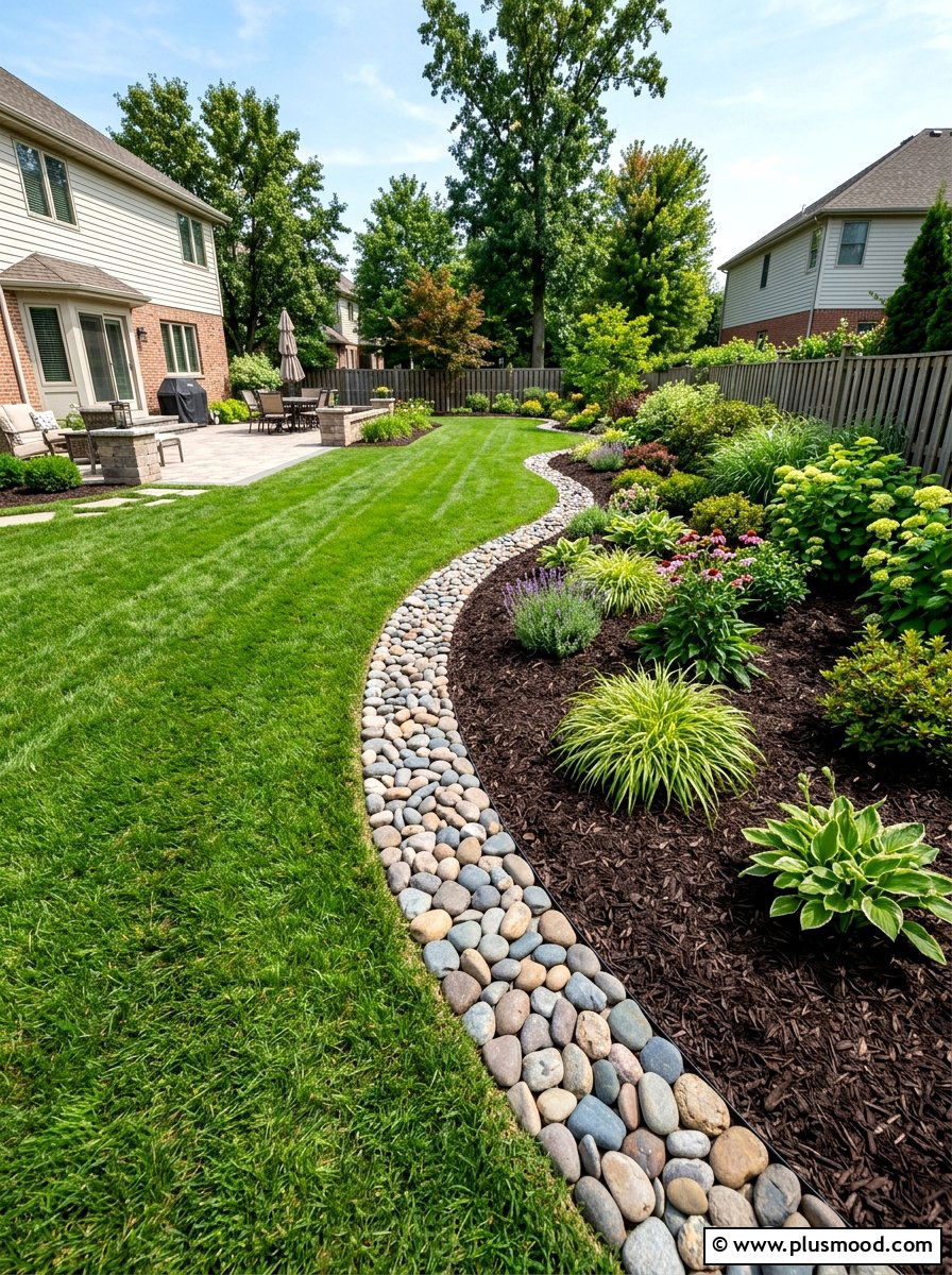 River Rock Border - 25 small backyard ideas with rock garden