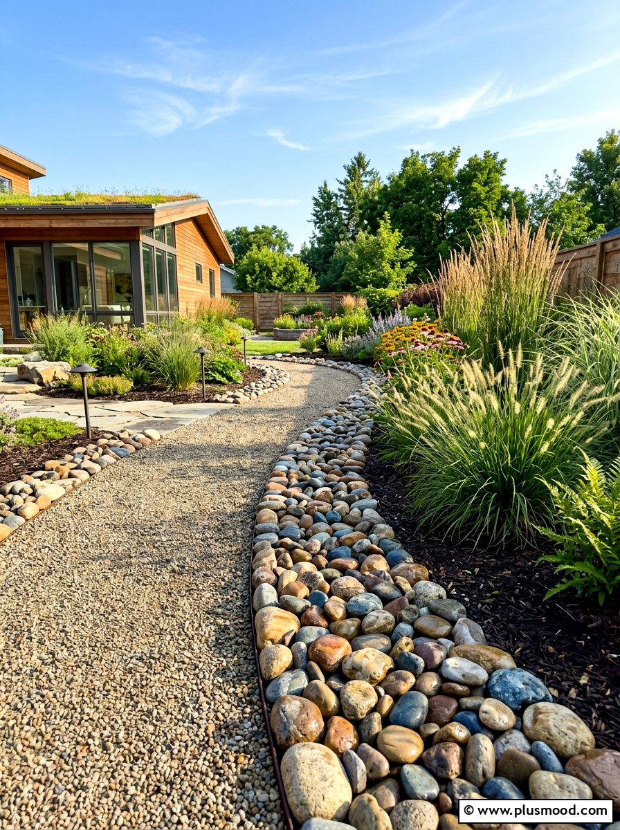 River Rock Edging - 25 summer walkway ideas for front yard