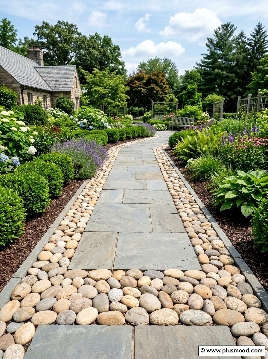 River Rock Path Border - 25 small backyard ideas with stepping stones