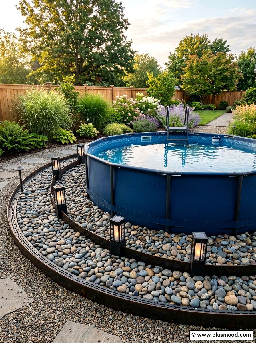 River rock pool perimeter - 25 pool landscaping ideas for above ground pools