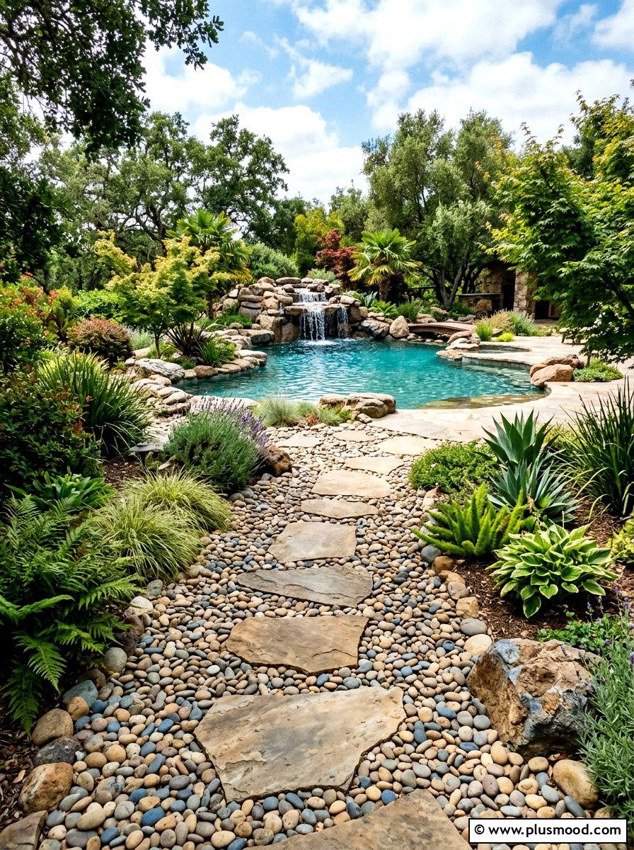 River rock stone path - 25 pool landscaping ideas with stepping stones