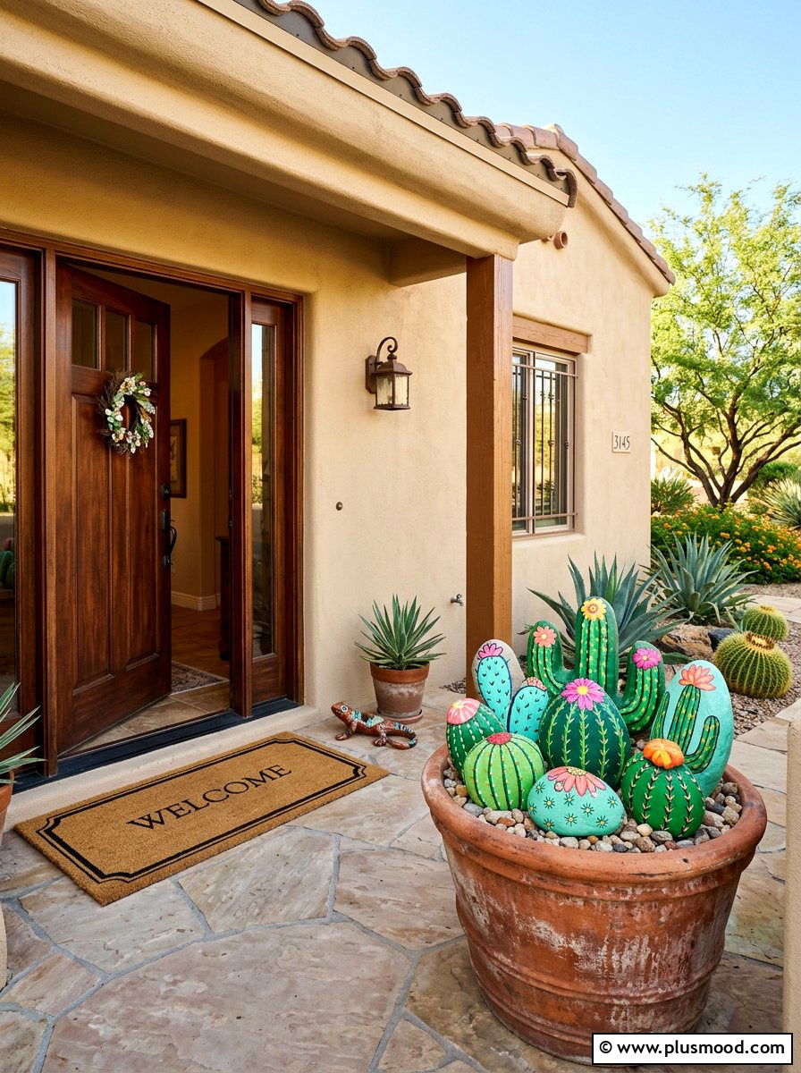 Rock Cactus Porch - 25 painted rock ideas with cactus design