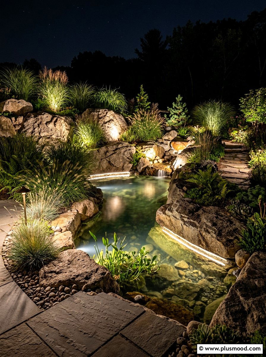 Rock Garden Pool Landscaping With Spotlights - 25 pool landscaping ideas with night lighting