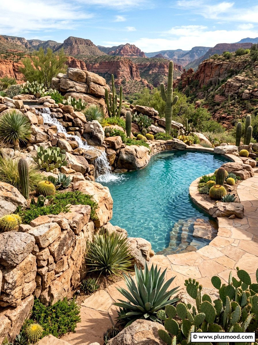 Rock and cactus pool surround - 25 pool landscaping ideas with cactus garden