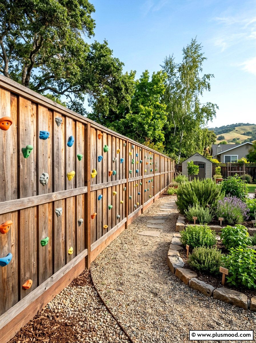 Rock climbing wall on fence - 25 small backyard ideas with climbing wall