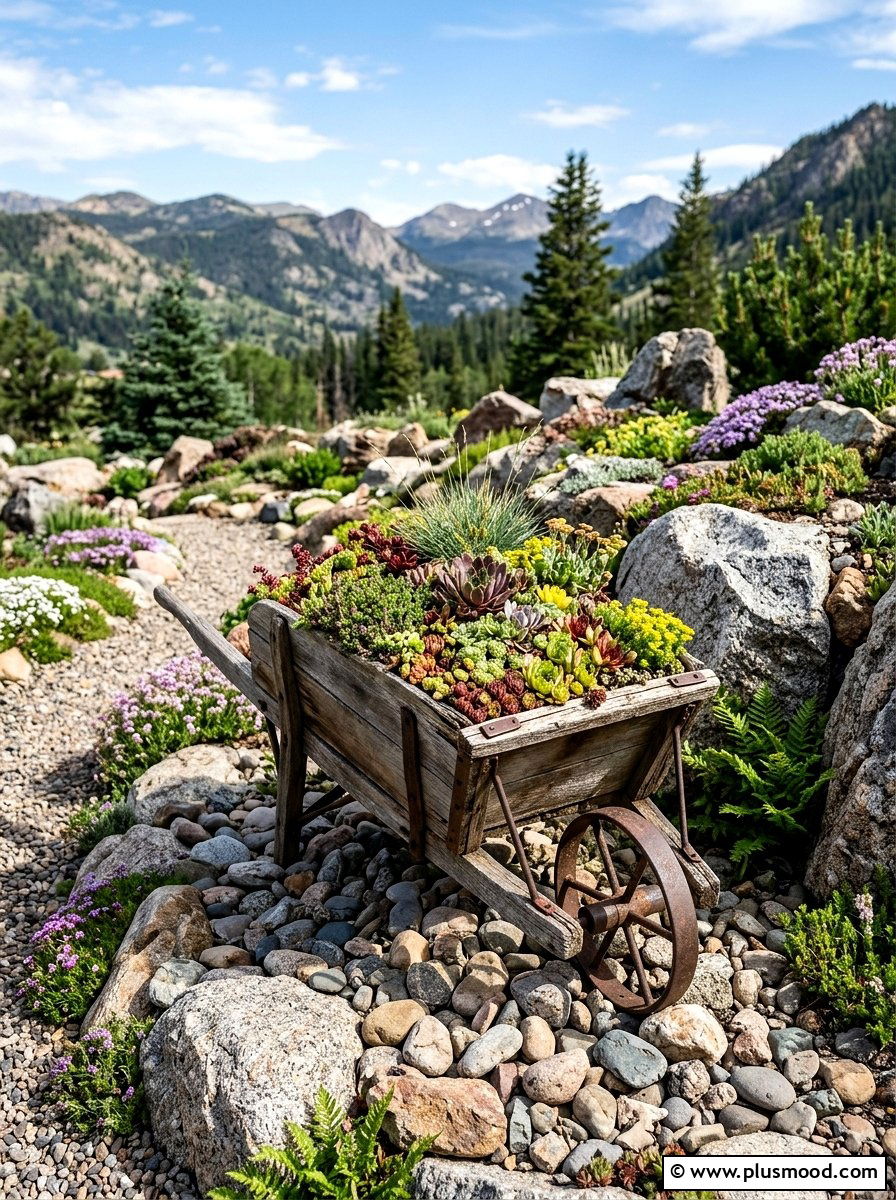 Rock garden wheelbarrow accent - 25 outdoor garden decor ideas with wheelbarrow planter