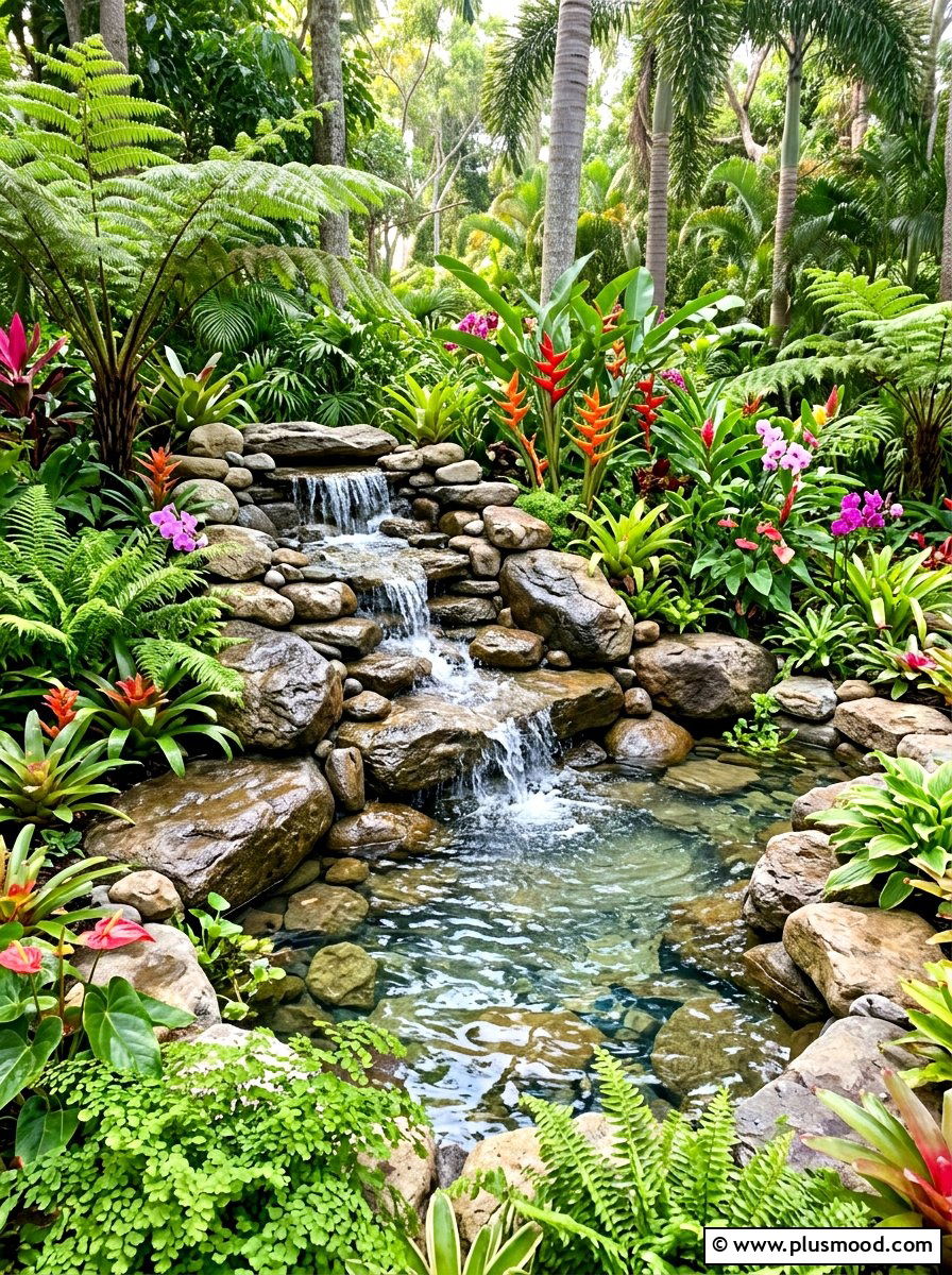 Rock water feature - 25 small backyard ideas for tropical theme