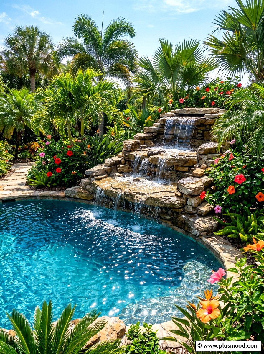 Rock waterfall feature - 25 summer pool landscaping ideas with rocks