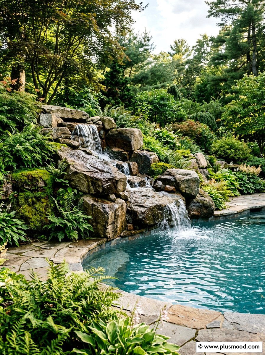 Rock waterfall in pool corner - 25 pool landscaping ideas for corner pools