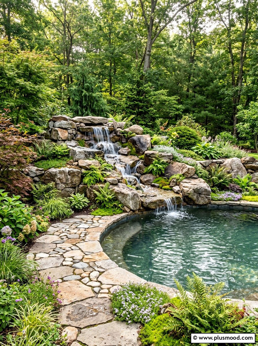 Rock waterfall pool feature - 25 pool landscaping ideas with curved edges
