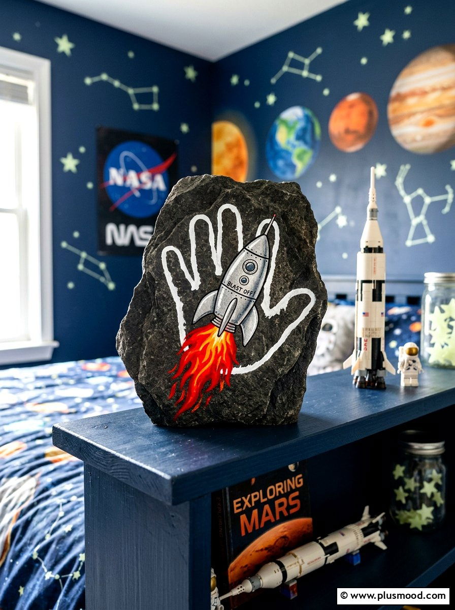 Rocket Handprint Stone - 25 painted rock ideas with handprint art
