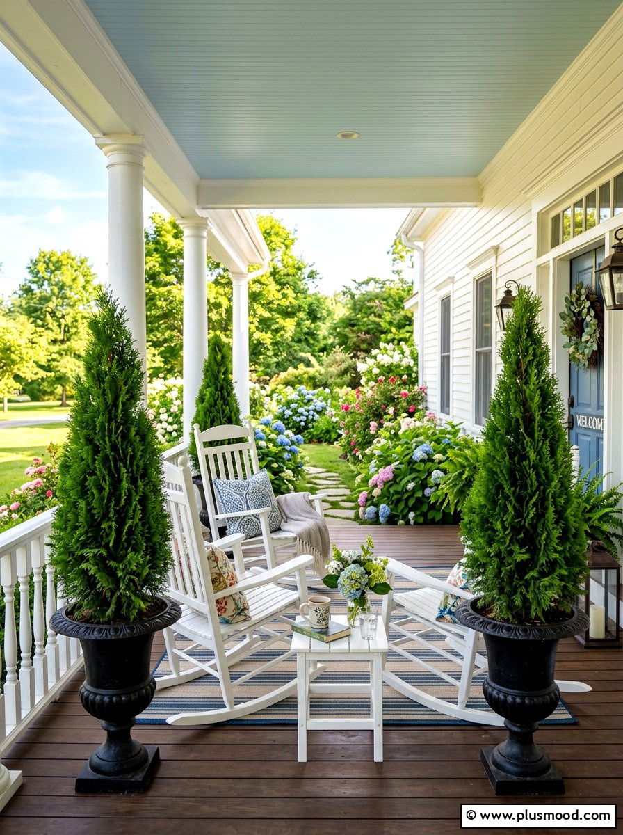 Rocking chair porch layout - 25 summer front porch decor ideas with topiaries