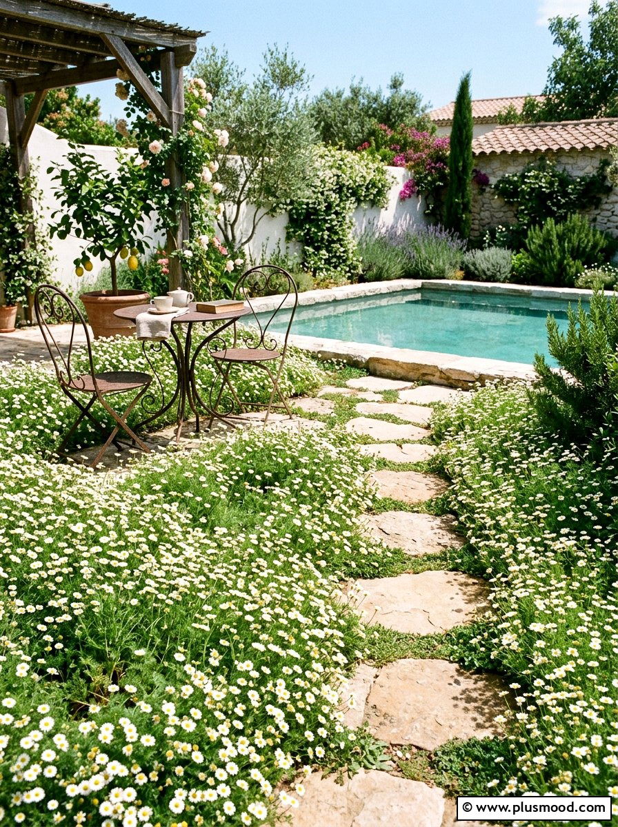 Roman Chamomile Pool Groundcover - 25 pool landscaping ideas with herbs