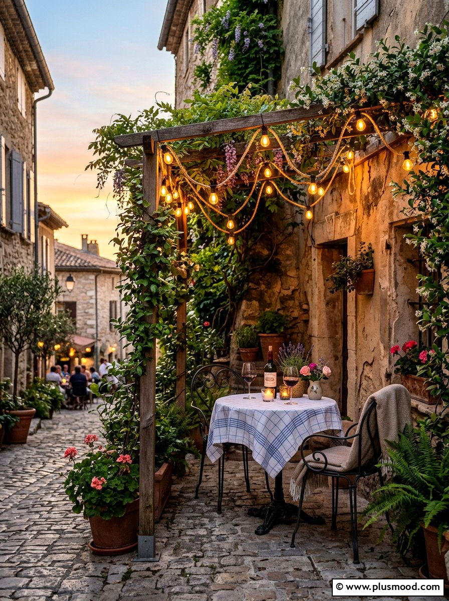 Romantic Bistro Corner Draping Lights - 25 small backyard ideas with pergola lights